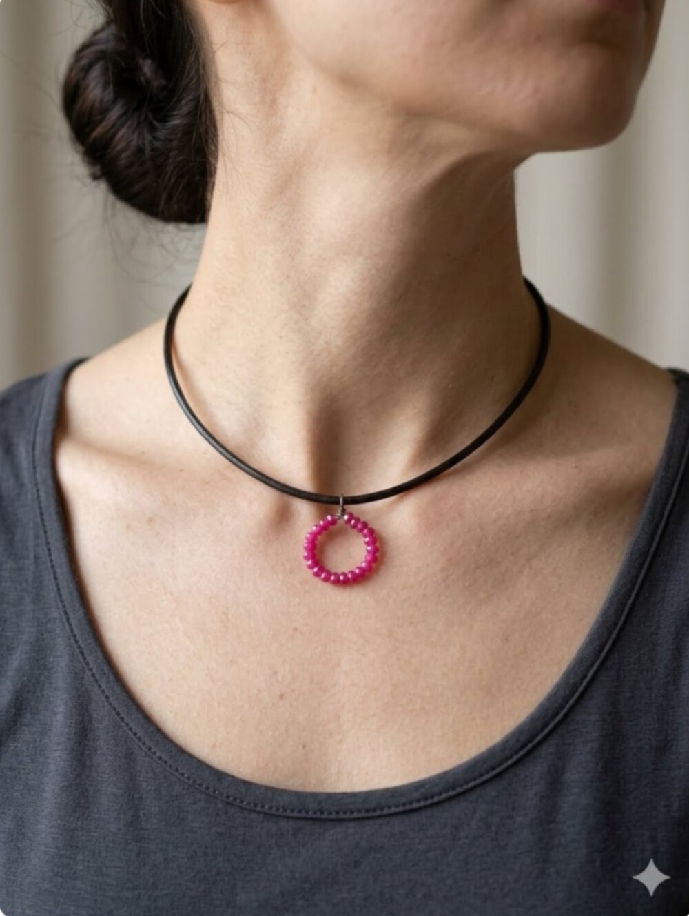 Handmade Dyed Pink Tourmaline Beaded Karma Circle Pendant Choker Black Cord